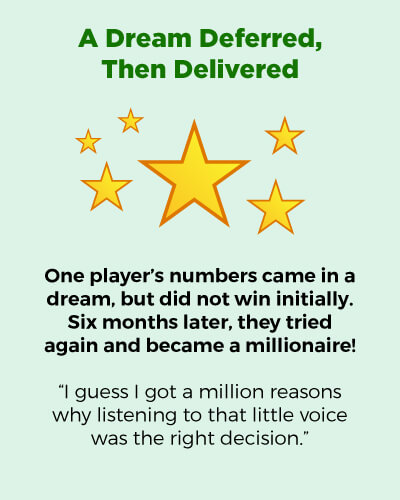 A dream deferred, then delivered. One player's numbers came in a dream, but did not win initially. Six months later, they tried again and became a millionaire